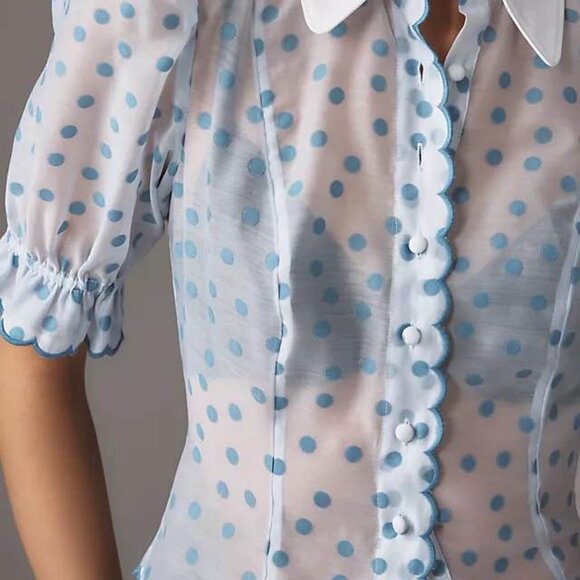 Anthropologie Maeve Puff-Shoulder Collared Slim Blouse in Blue Motif, S - Picture 3 of 4